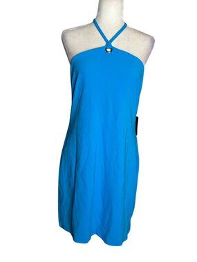 Boston Proper Halter Neck Mini Dress Medium Blue Stretch Shelf Bra NEW